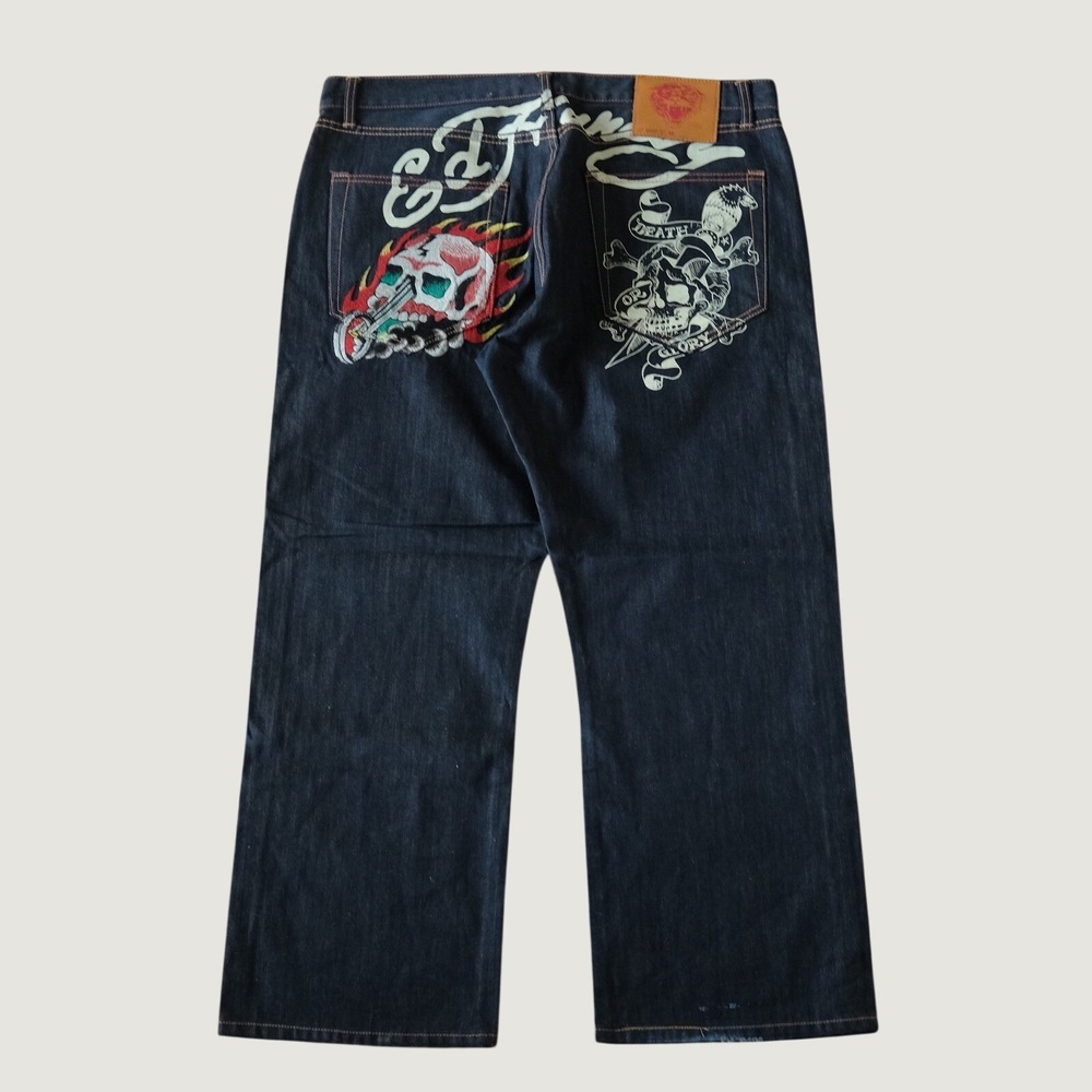 Ed Hardy Jeans Dark Blue Embroidered Skull Flame Y2K Streetwear 42x34 Relaxed